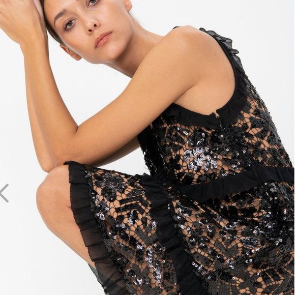 Ruffle Trimmed Sequined Lace Dress In Black - NEW - Picture 4 of 11